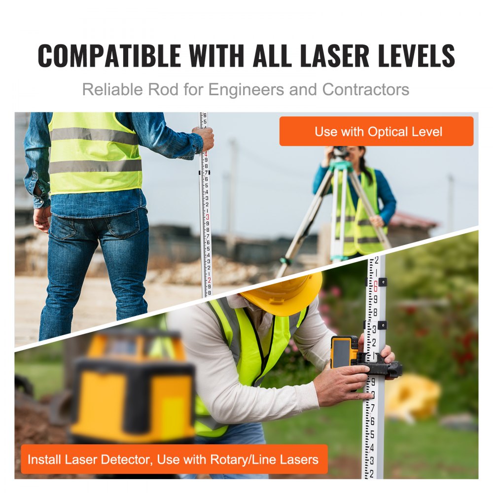 Silver 16ft 4-section telescopic aluminum grade rod with double-sided markings and bubble level.
