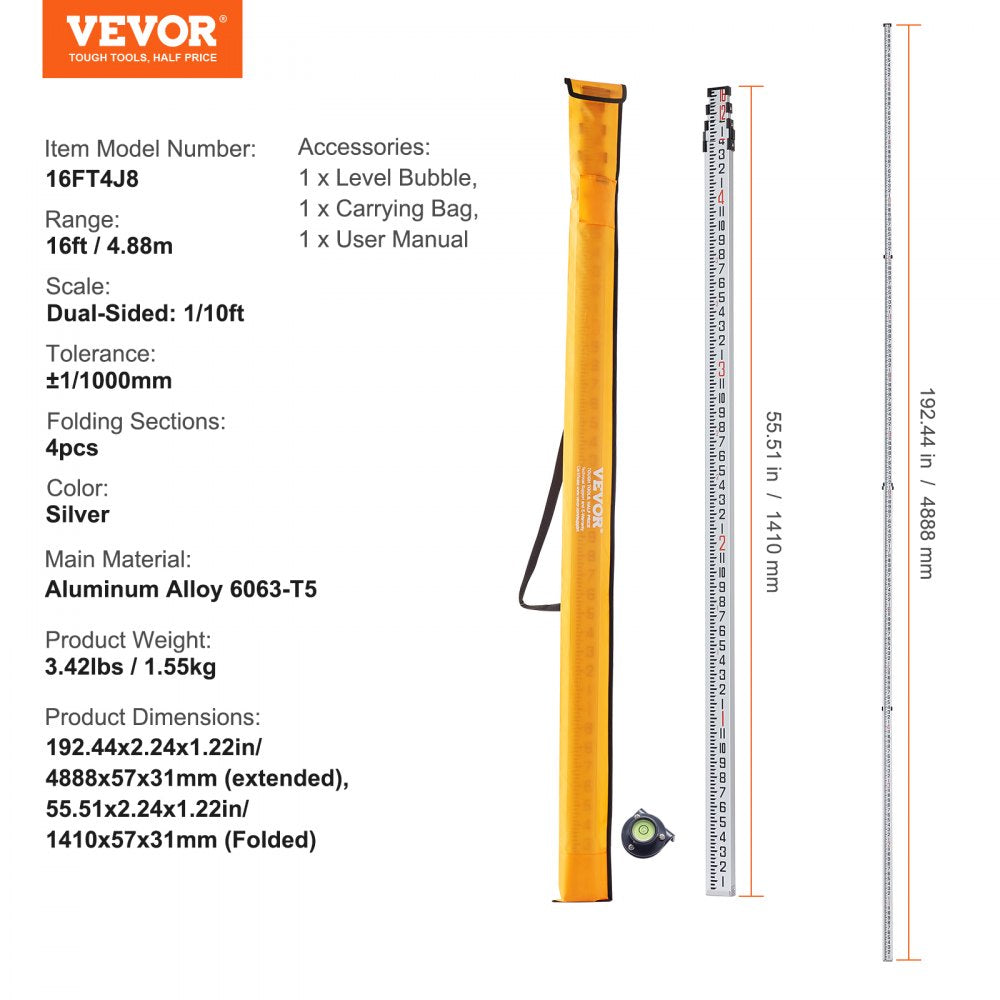 Silver 16ft 4-section telescopic aluminum grade rod with dual-sided scales and bubble level, folded with carrying bag.