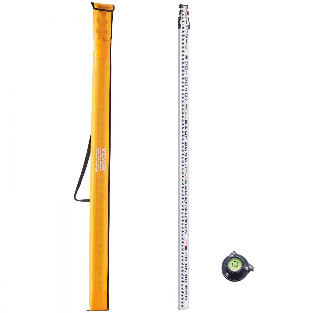 Bostome 16ft aluminum grade rod with 4 telescopic sections, double-sided scale, bubble level, and orange carry bag.