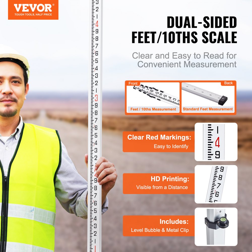 Bostome 25ft telescopic grade rod with dual-sided scales and six adjustable sections.