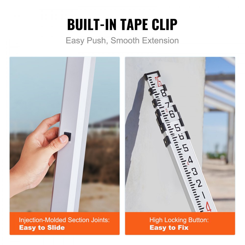 Bostome 25ft telescopic grade rod with dual-sided scales and six adjustable aluminum sections.