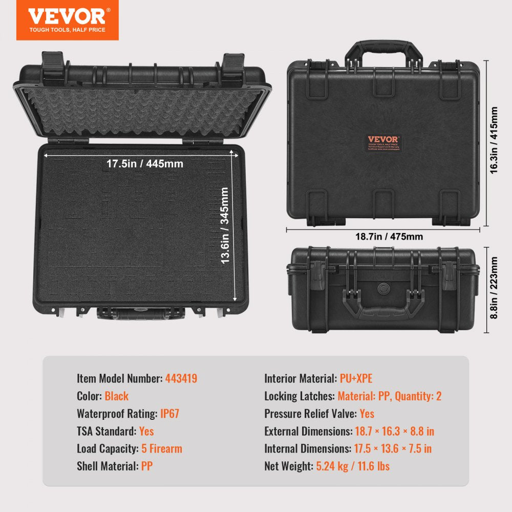 Hard Pistol Cases with Pre-cut PU Foam, Waterproof & Dustproof Hard Gun Case for 1 Pistol, 18.9×16.3×8.5 in Lockable Pistol Case, Black
