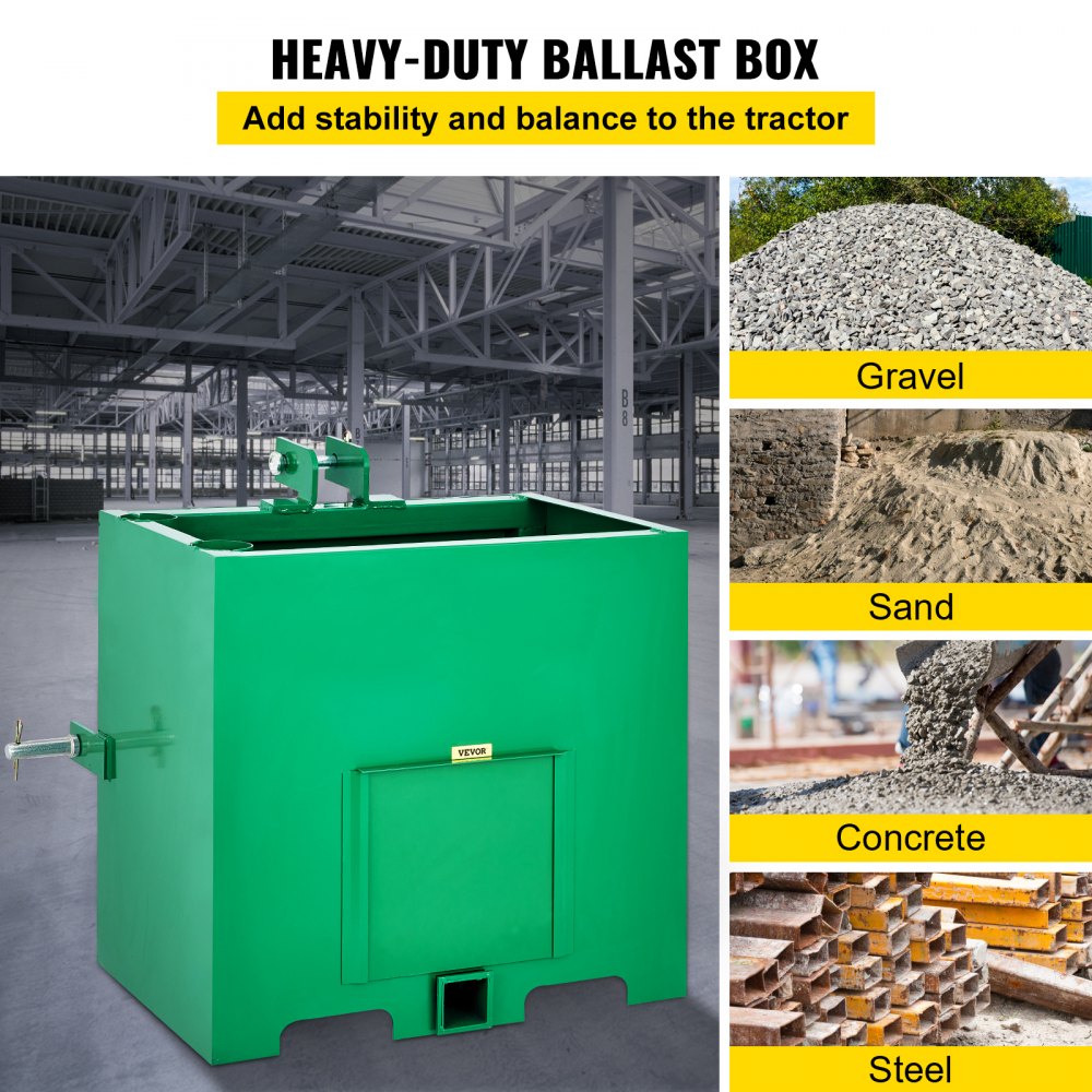 3 Point Ballast Box, 800lbs Capacity Hitch Ballast Box, Standard 2`` Hitch Receiver, Tractor Ballast Box with 5cu.ft Volume, Heavy Duty Steel, Fits Category 1 Tractor Attachment,Green