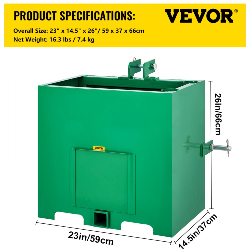 3 Point Ballast Box, 800lbs Capacity Hitch Ballast Box, Standard 2`` Hitch Receiver, Tractor Ballast Box with 5cu.ft Volume, Heavy Duty Steel, Fits Category 1 Tractor Attachment,Green