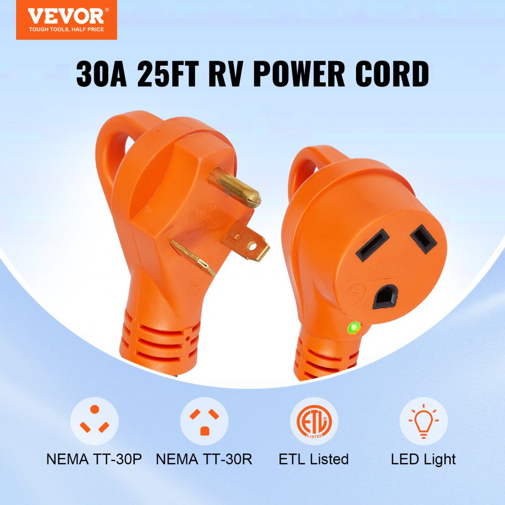 25 ft RV Extension Cord, 30 Amp, Heavy Duty STW RV Power Cord, NEMA TT-30R Female NEMA TT-30P Male Plug, with LED Indicator Handle 15A Adapter, for RVs, trams, generators, campers, ETL Listed