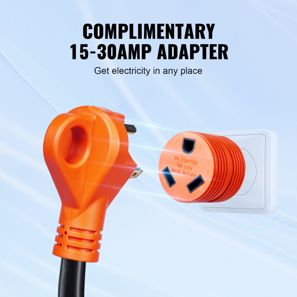 25 ft RV Extension Cord, 30 Amp, Heavy Duty STW RV Power Cord, NEMA TT-30R Female NEMA TT-30P Male Plug, with LED Indicator Handle 15A Adapter, for RVs, trams, generators, campers, ETL Listed