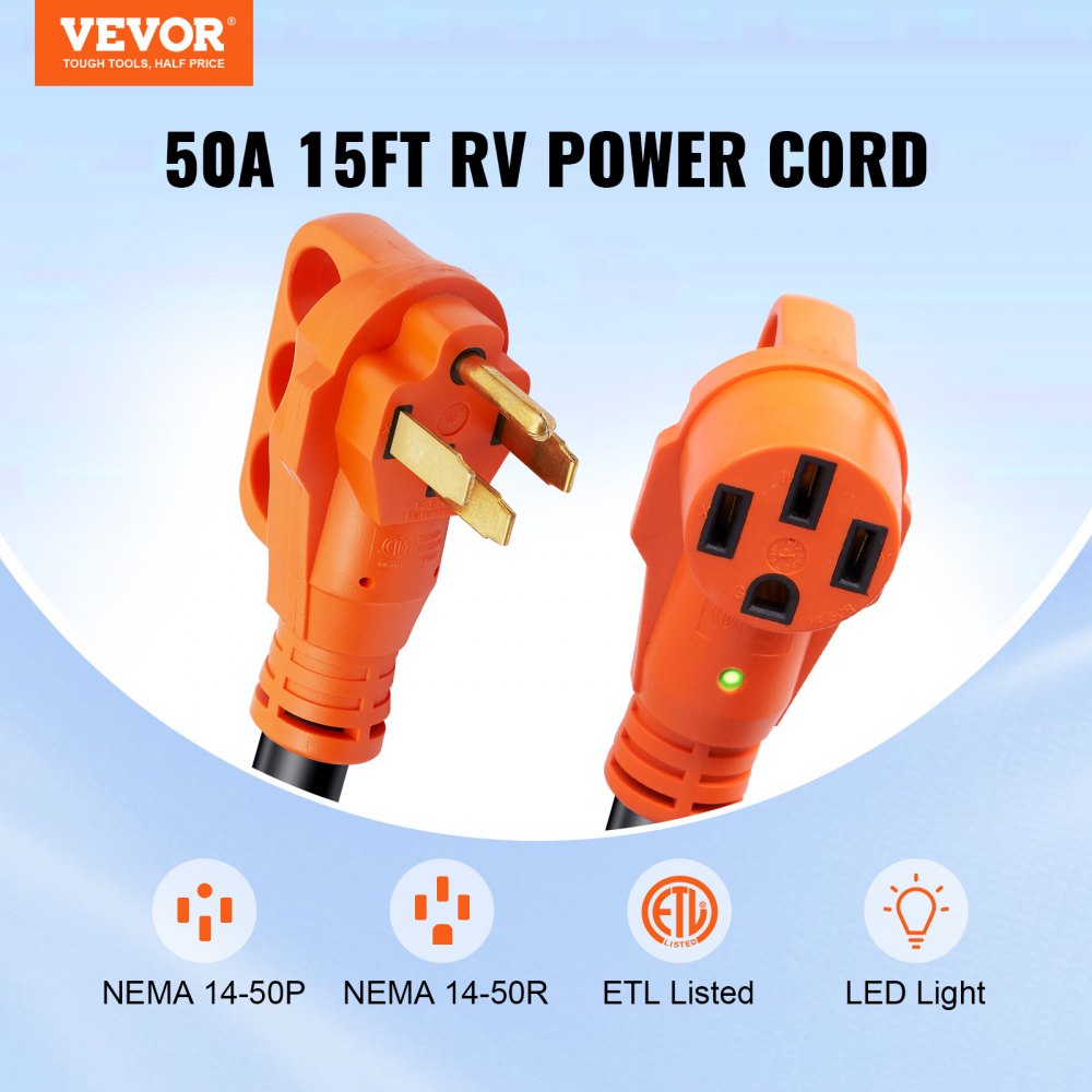 15 ft RV Extension Cord, 50 Amp, Heavy Duty STW RV Power Cord, NEMA 14-50R Female NEMA 14-50P Male Plug, with LED Indicator Handle 15A Adapter, for RVs, trams, generators, campers, ETL Listed