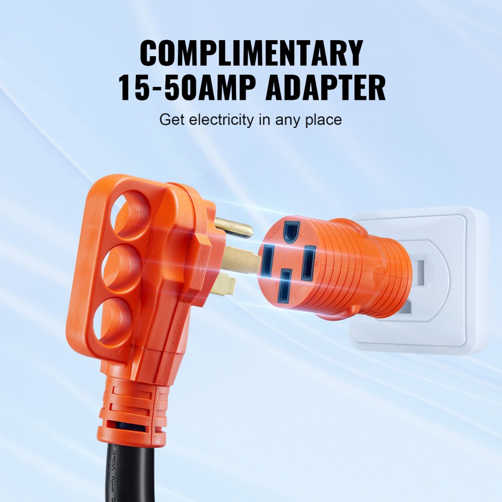 50 ft RV Extension Cord, 50 Amp, Heavy Duty STW RV Power Cord, NEMA 14-50R Female NEMA 14-50P Male Plug, with LED Indicator Handle 15A Adapter, for RVs, trams, generators, campers, ETL Listed