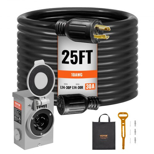 30 Amp Generator Cord and Power Inlet Box Kit, 25 FT, NEMA L14-30P/L14-30R STW 10 AWG Generator Power Extension Cord with Twist Lock Connector, Pre-Drilled Inlet Box for RV Outdoor, ETL Listed