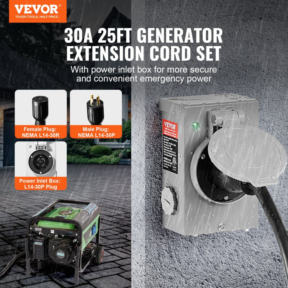 30 Amp Generator Cord and Power Inlet Box Kit, 25 FT, NEMA L14-30P/L14-30R STW 10 AWG Generator Power Extension Cord with Twist Lock Connector, Pre-Drilled Inlet Box for RV Outdoor, ETL Listed