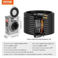 30 Amp Generator Cord and Power Inlet Box Kit, 25 FT, NEMA L14-30P/L14-30R STW 10 AWG Generator Power Extension Cord with Twist Lock Connector, Pre-Drilled Inlet Box for RV Outdoor, ETL Listed