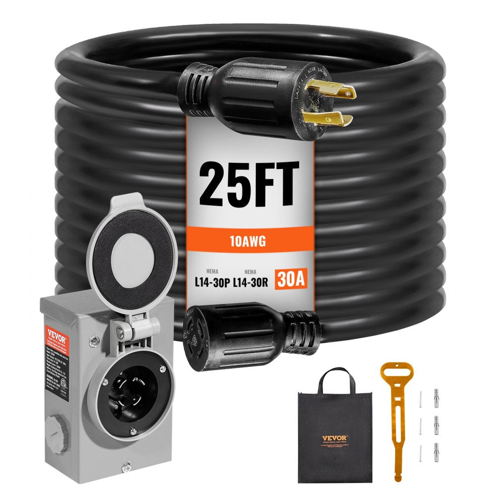 30 Amp Generator Cord and Power Inlet Box Kit, 25 FT, NEMA L14-30P/L14-30R STW 10 AWG Generator Power Extension Cord with Twist Lock Connector, Pre-Drilled Inlet Box for RV Outdoor, ETL Listed