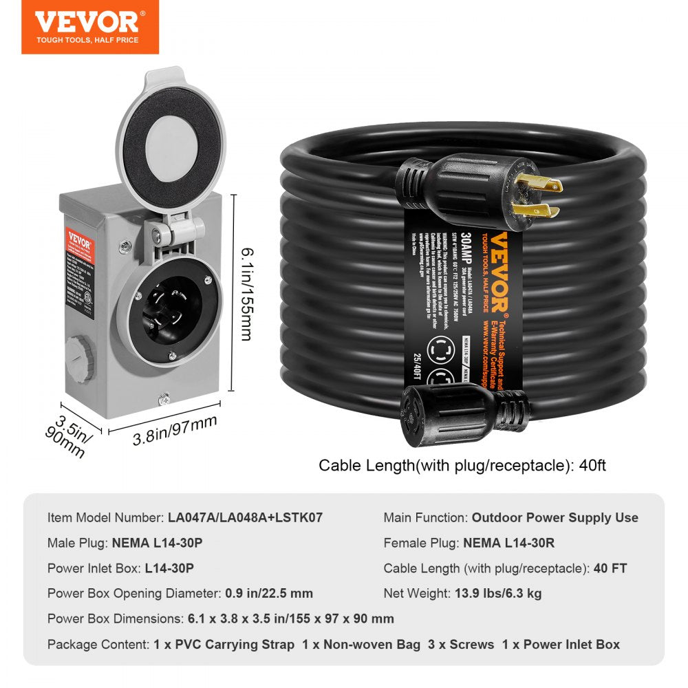 30 Amp Generator Cord and Power Inlet Box Kit, 40 FT, NEMA L14-30P/L14-30R STW 10 AWG Generator Power Extension Cord with Twist Lock Connector, Pre-Drilled Inlet Box for RV Outdoor, ETL Listed
