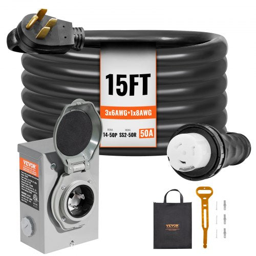 50 Amp Generator Cord and Power Inlet Box Kit, 15FT, NEMA 14-50P/SS2-50R STW 6/3+8/1 AWG Generator Power Cord with Twist Lock Connector, Pre-Drilled Inlet Box for Generator to House, ETL Listed