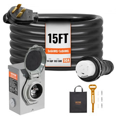 50 Amp Generator Cord and Power Inlet Box Kit, 15FT, NEMA 14-50P/SS2-50R STW 6/3+8/1 AWG Generator Power Cord with Twist Lock Connector, Pre-Drilled Inlet Box for Generator to House, ETL Listed