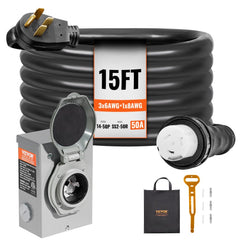 50 Amp Generator Cord and Power Inlet Box Kit, 15FT, NEMA 14-50P/SS2-50R STW 6/3+8/1 AWG Generator Power Cord with Twist Lock Connector, Pre-Drilled Inlet Box for Generator to House, ETL Listed