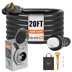 50 Amp Generator Cord and Power Inlet Box Kit, 20FT, NEMA 14-50P/SS2-50R STW 6/3+8/1 AWG Generator Power Cord with Twist Lock Connector, Pre-Drilled Inlet Box for Generator to House, ETL Listed