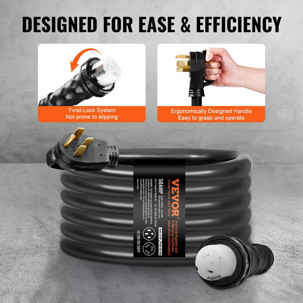 50 Amp Generator Cord and Power Inlet Box Kit, 20FT, NEMA 14-50P/SS2-50R STW 6/3+8/1 AWG Generator Power Cord with Twist Lock Connector, Pre-Drilled Inlet Box for Generator to House, ETL Listed