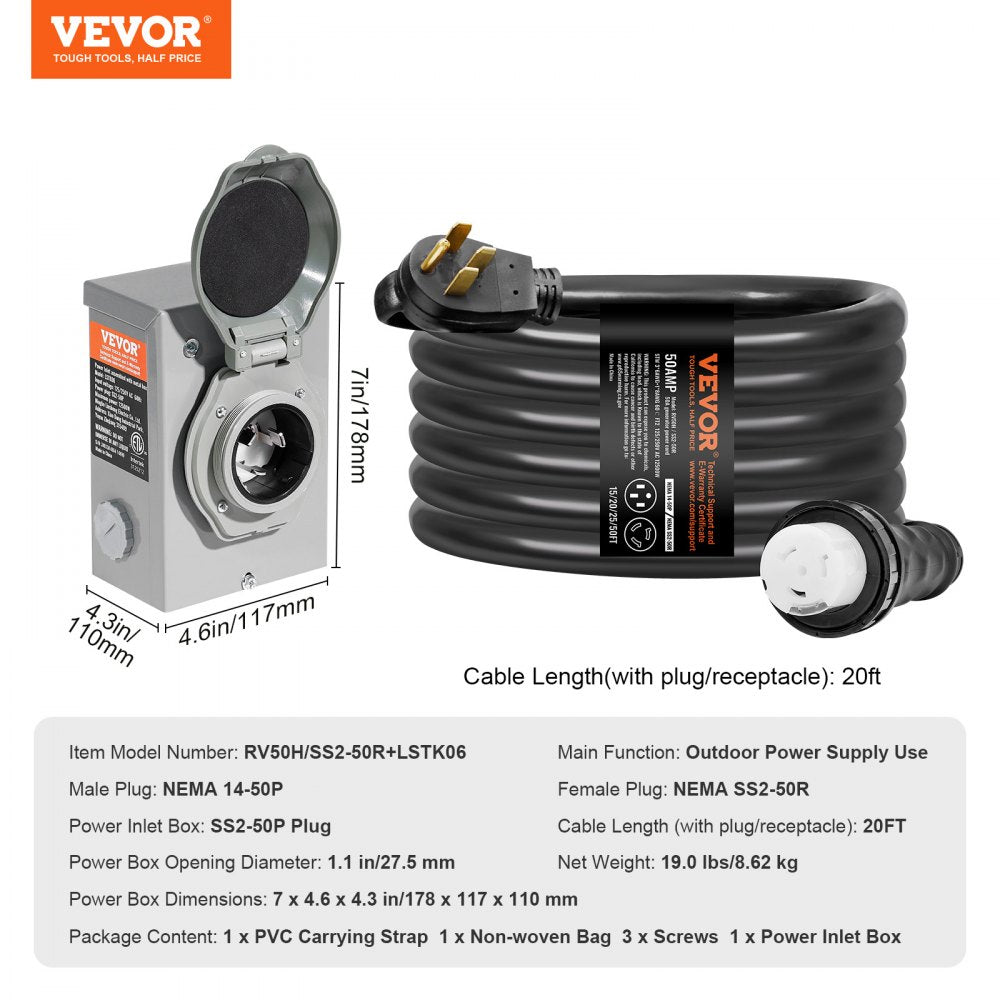50 Amp Generator Cord and Power Inlet Box Kit, 20FT, NEMA 14-50P/SS2-50R STW 6/3+8/1 AWG Generator Power Cord with Twist Lock Connector, Pre-Drilled Inlet Box for Generator to House, ETL Listed