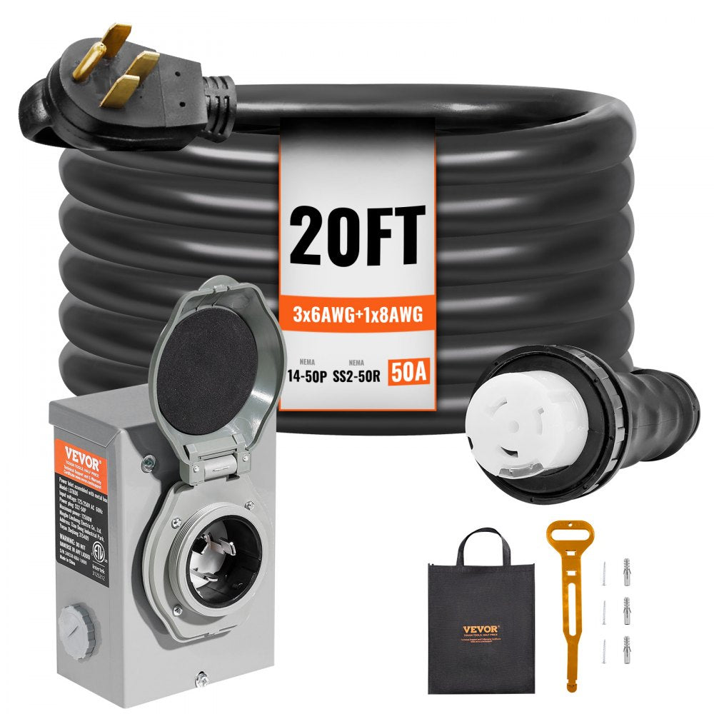 50 Amp Generator Cord and Power Inlet Box Kit, 20FT, NEMA 14-50P/SS2-50R STW 6/3+8/1 AWG Generator Power Cord with Twist Lock Connector, Pre-Drilled Inlet Box for Generator to House, ETL Listed