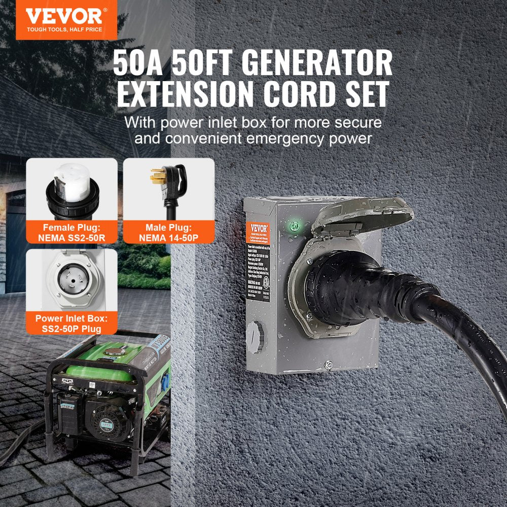 50 Amp Generator Cord and Power Inlet Box Kit, 50FT, NEMA 14-50P/SS2-50R STW 6/3+8/1 AWG Generator Power Cord with Twist Lock Connector, Pre-Drilled Inlet Box for Generator to House, ETL Listed