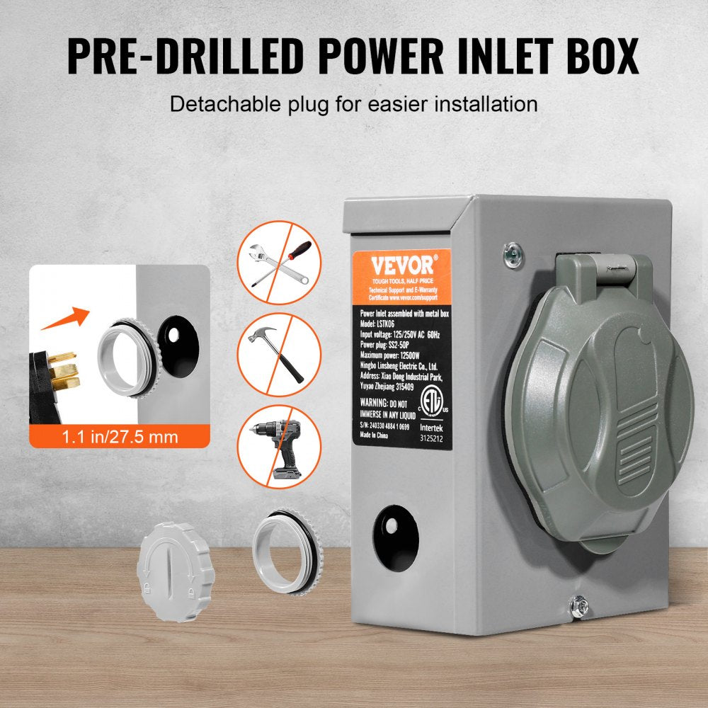 50 Amp Generator Cord and Power Inlet Box Kit, 50FT, NEMA 14-50P/SS2-50R STW 6/3+8/1 AWG Generator Power Cord with Twist Lock Connector, Pre-Drilled Inlet Box for Generator to House, ETL Listed
