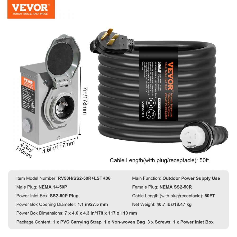 50 Amp Generator Cord and Power Inlet Box Kit, 50FT, NEMA 14-50P/SS2-50R STW 6/3+8/1 AWG Generator Power Cord with Twist Lock Connector, Pre-Drilled Inlet Box for Generator to House, ETL Listed