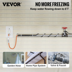 6ft self-regulating pipe heating cable with orange cord, plug, and valve connected to pipe.