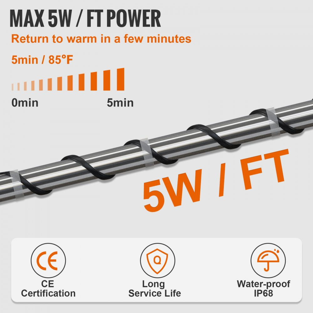 6ft self-regulating pipe heating cable with 5W/ft power, 120V, and waterproof design.