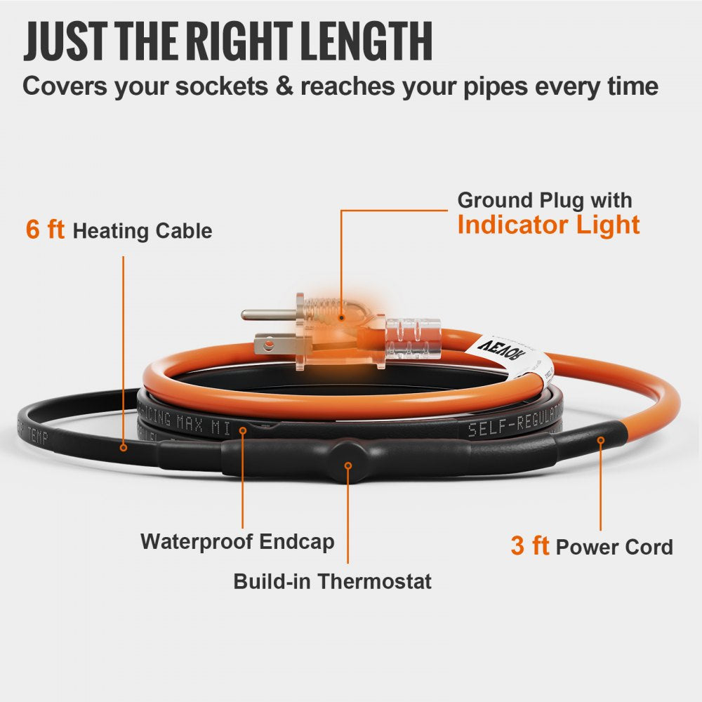 6ft self-regulating pipe heating cable with 3ft power cord, waterproof endcap, built-in thermostat, and ground plug with indicator light.
