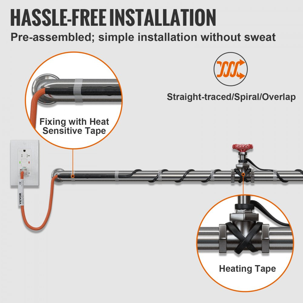 6ft self-regulating pipe heating cable with thermostat, connected to a pipe and outlet.