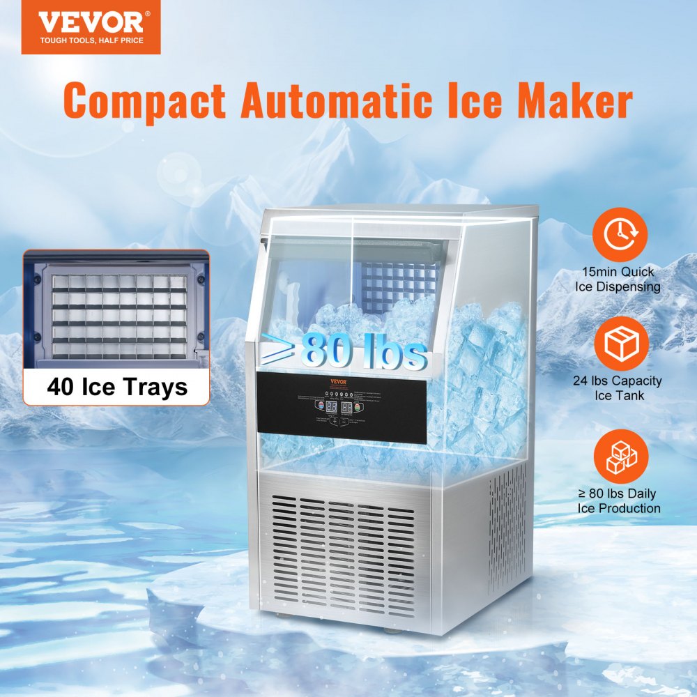 110V Commercial Ice Maker 80LBS/24H with 24lbs Storage Capacity Stainless Steel Commercial Ice Machine 40 Ice Cubes Per Plate Industrial Ice Maker Machine Auto Clean for Bar Home Supermarkets
