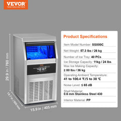 110V Commercial Ice Maker 80LBS/24H with 24lbs Storage Capacity Stainless Steel Commercial Ice Machine 40 Ice Cubes Per Plate Industrial Ice Maker Machine Auto Clean for Bar Home Supermarkets