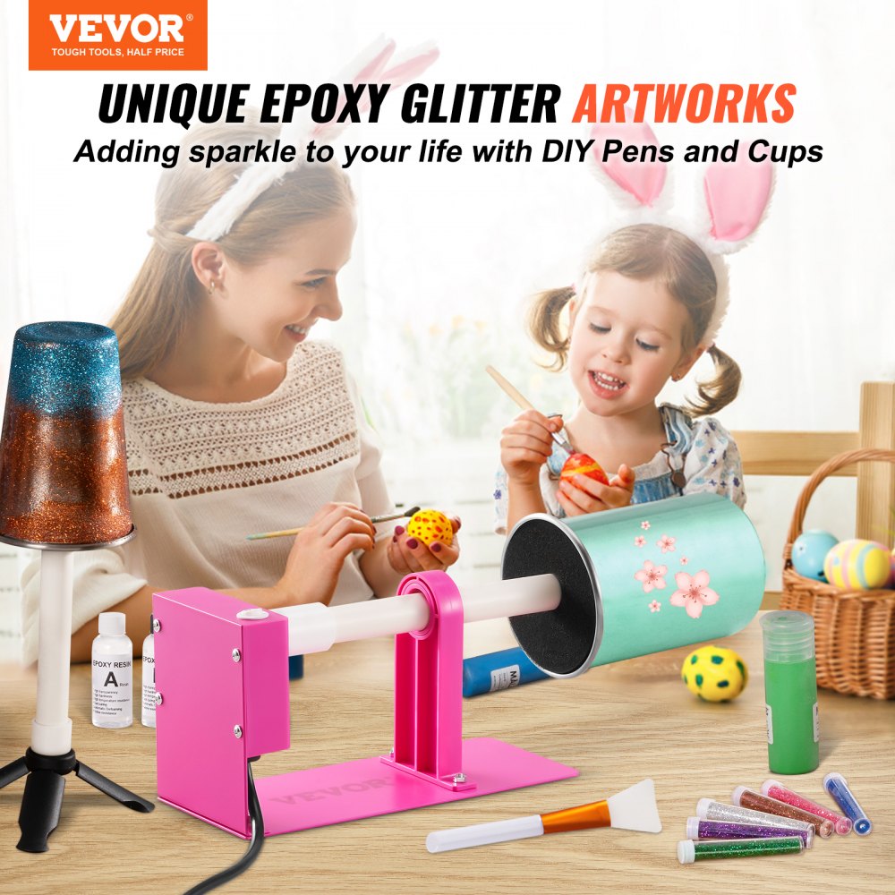 Bostome Cup Turner with adjustable foams, epoxy resin kit, and glitter powders for crafting.