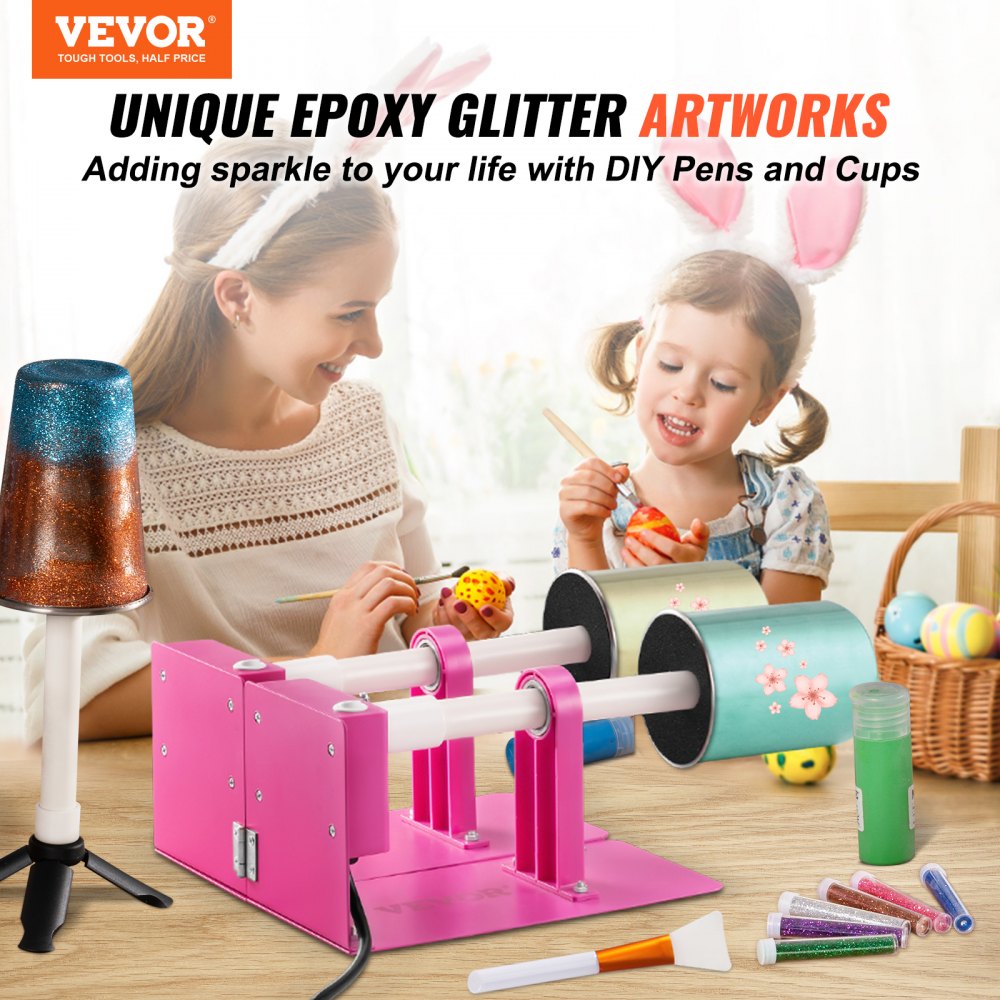 Pink double-arm cup turner kit with epoxy resin pens, glitters, and a mother-child crafting scene.