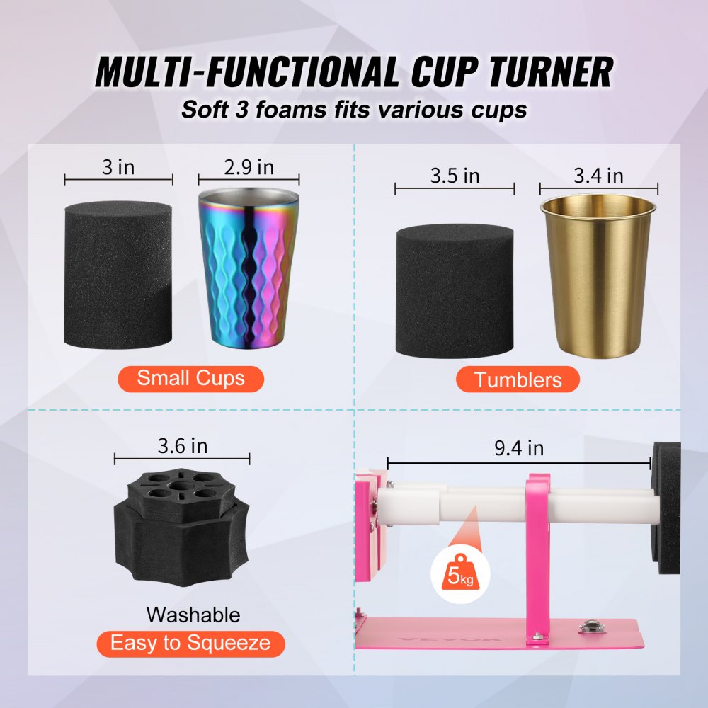 Double-arm cup turner kit with 2-in-1 foam grips for tumblers and pens.
