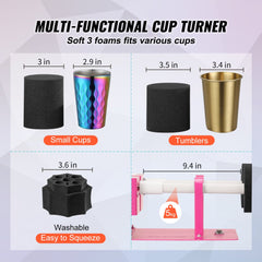 Double-arm cup turner kit with 2-in-1 foam grips for tumblers and pens.