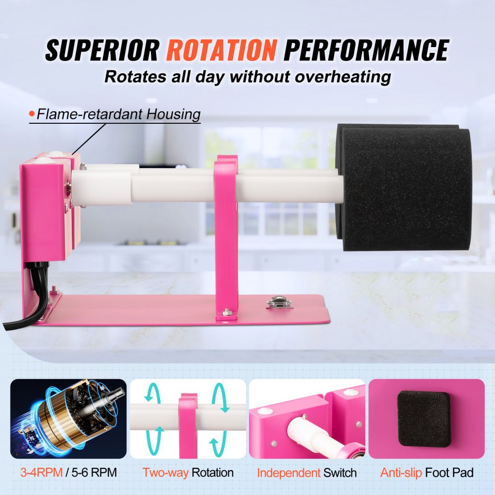 Pink double-arm cup turner with foam grips, 3-6 RPM rotation, and anti-slip foot.
