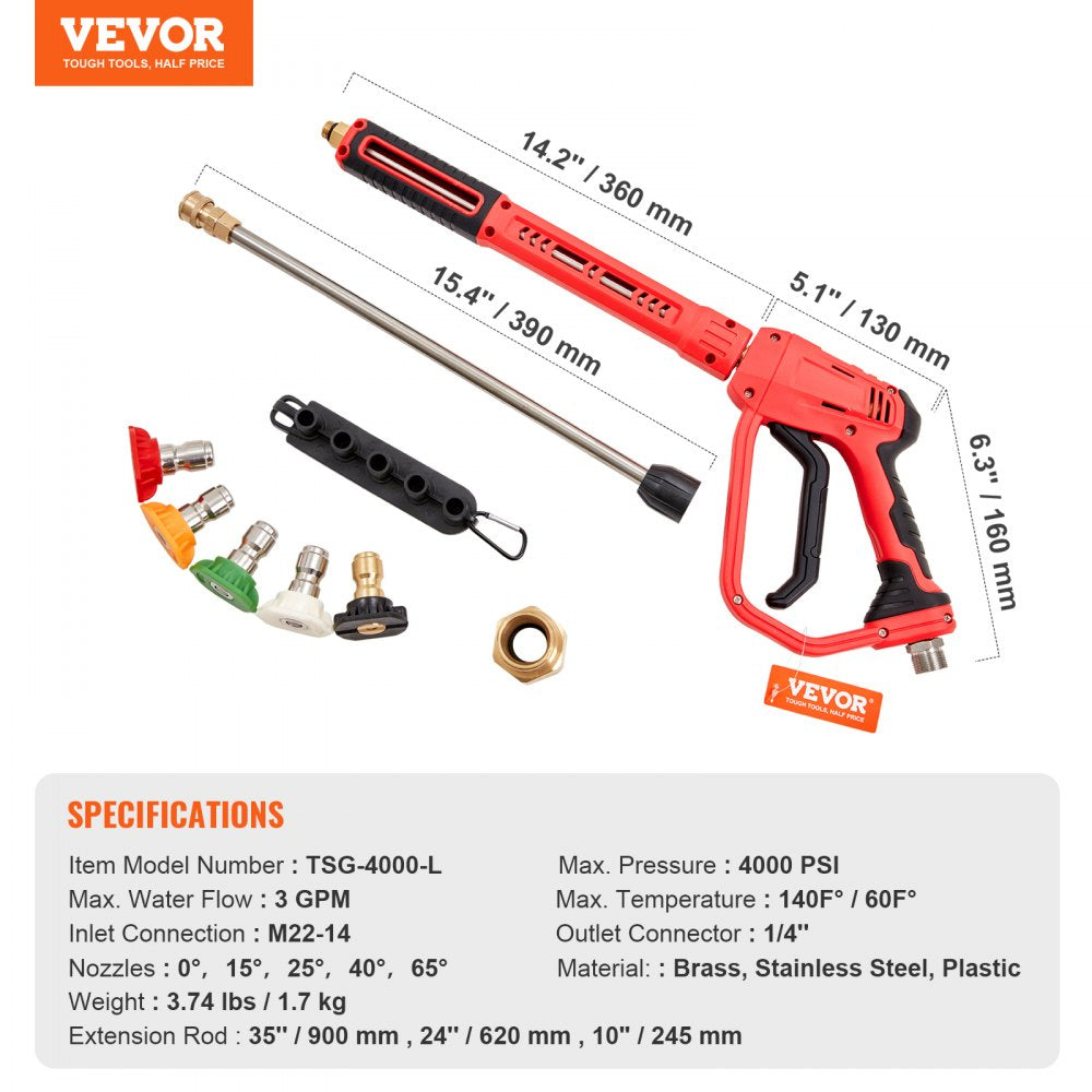 High Pressure Washer Gun, 4000 PSI, Power Washer Spay Gun with Replacement Extension Wand, M22-14mm Inlet & 1/4`` Outlet Hose Connector Foam Gun, Pressure Washer Handle with 5 Nozzle Tips