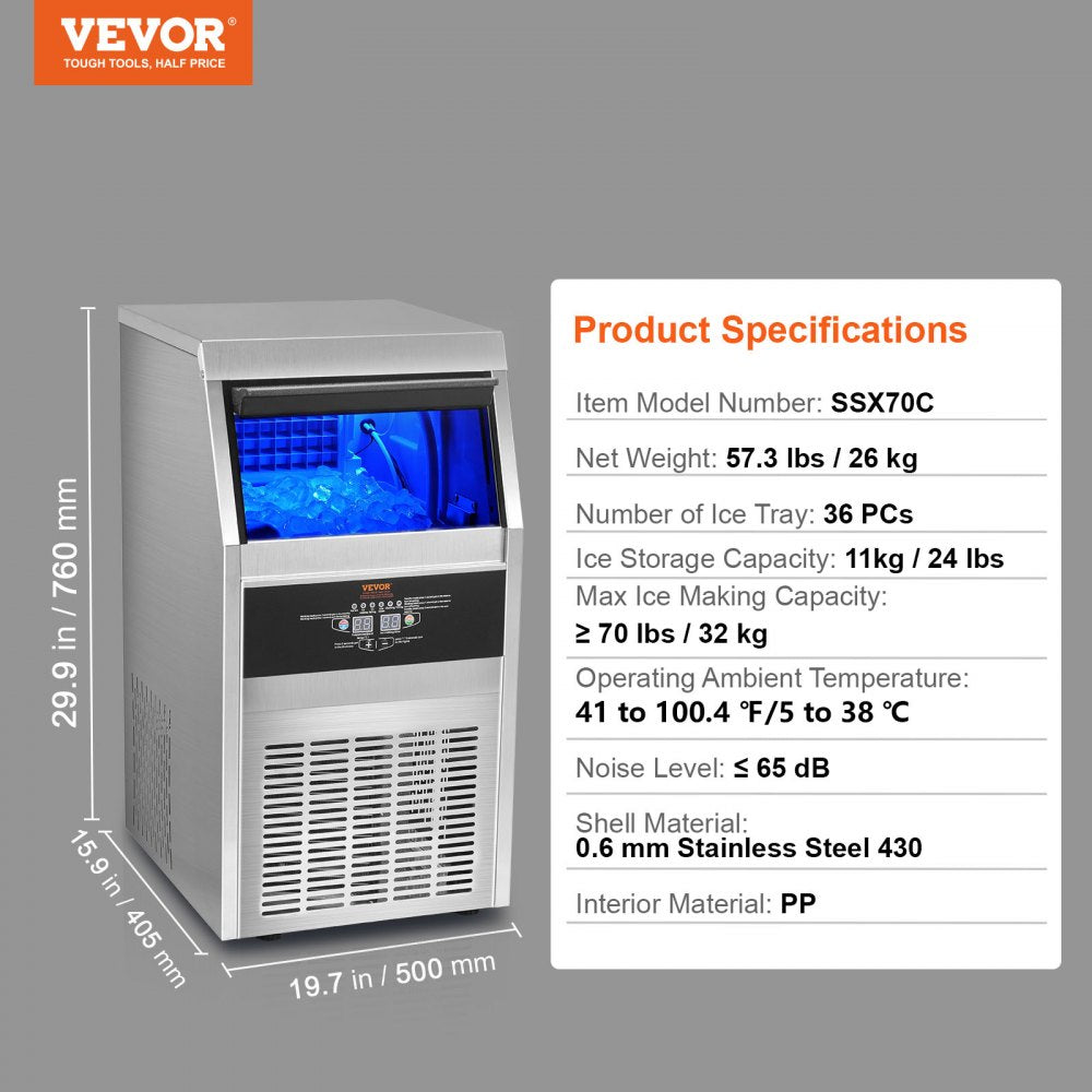 110V Commercial Ice Maker Machine 70LBS/24H with 24LBS Bin, Stainless Steel Automatic Operation Under Counter Ice Machine for Home Bar, Include Water Filter, Scoop, Connection Hose