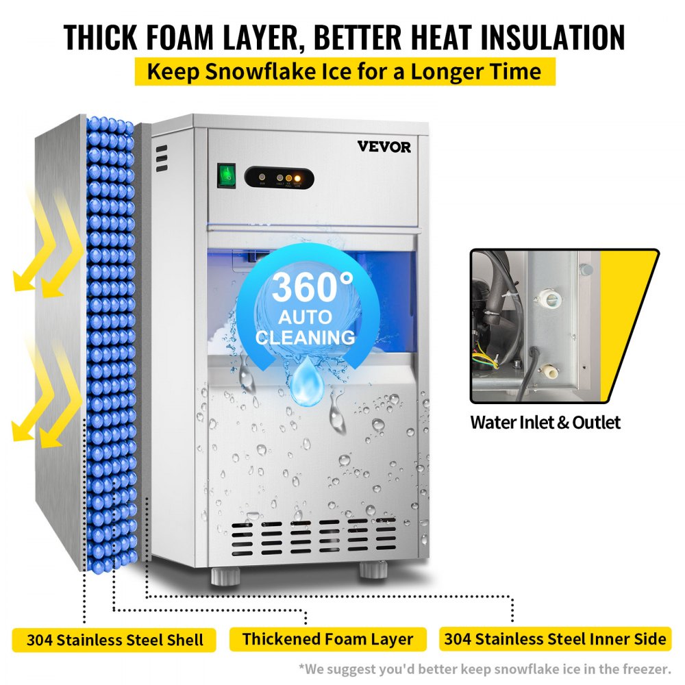 Commercial Snowflake Ice Maker, 55LBS/24H ETL Approved Food Grade Stainless Steel Flake Ice Machine Freestanding Commercial Ice Machine for Seafood Restaurant, Water Filter and Spoon Included