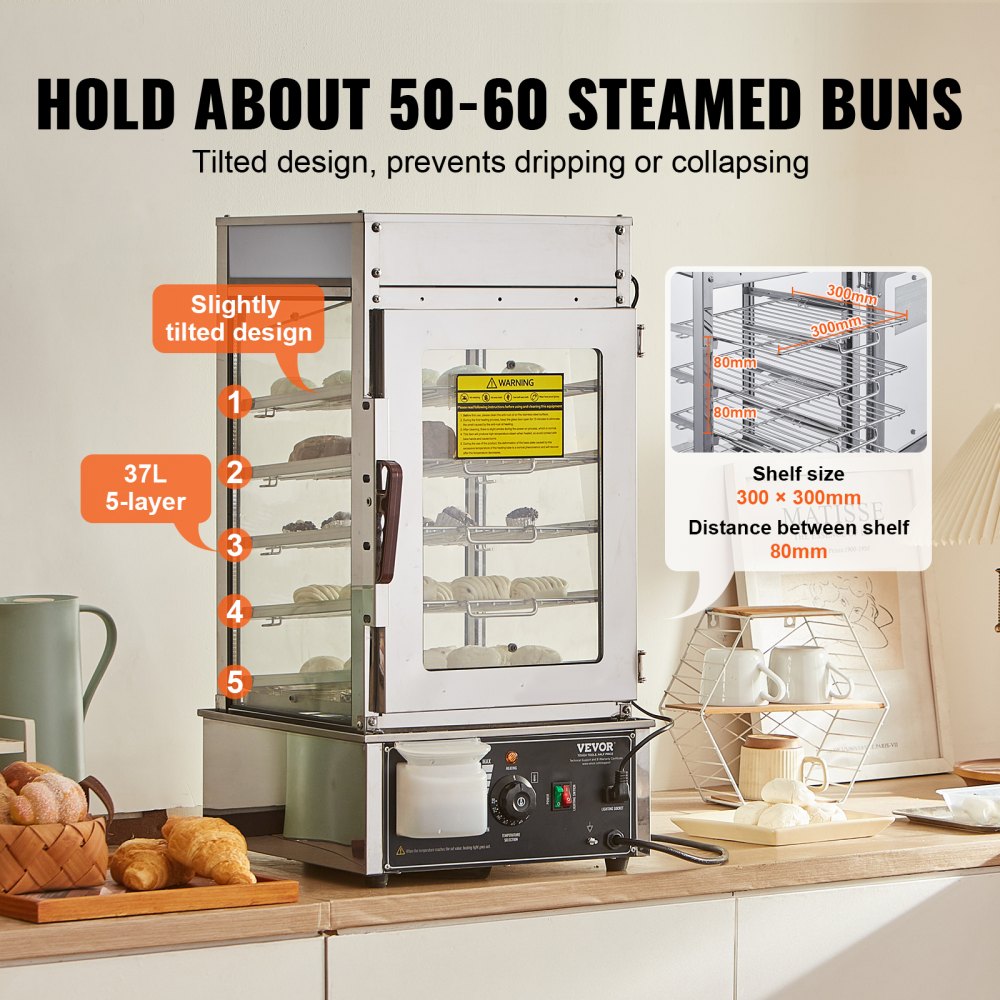 Commercial Food Warmer Display 5-Tier Food Steamer Buns Warmer Electric