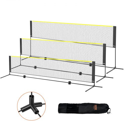 14ft adjustable height multi-sport net with black frame, yellow edges, and carry bag.
