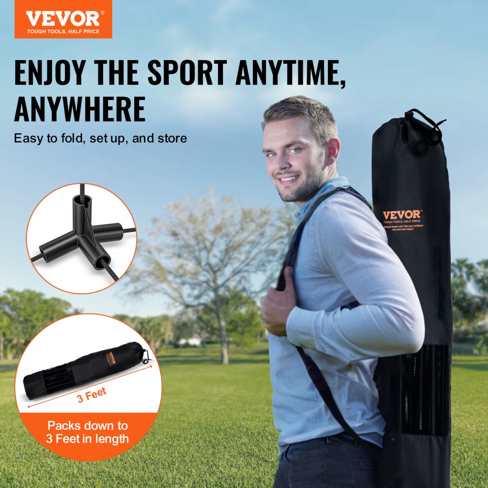 A man carries a black VEVOR multi-sport net bag outdoors, with inset views of its foldable 14-foot frame and 3-foot packed length.