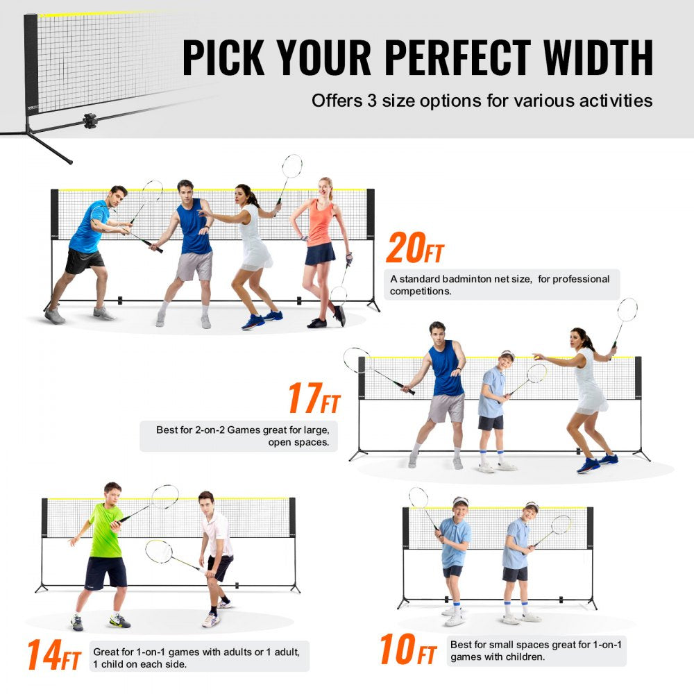 Collage of Bostome multi-sport net in 10ft, 14ft, 17ft, and 20ft widths for badminton and volleyball with adults and children.