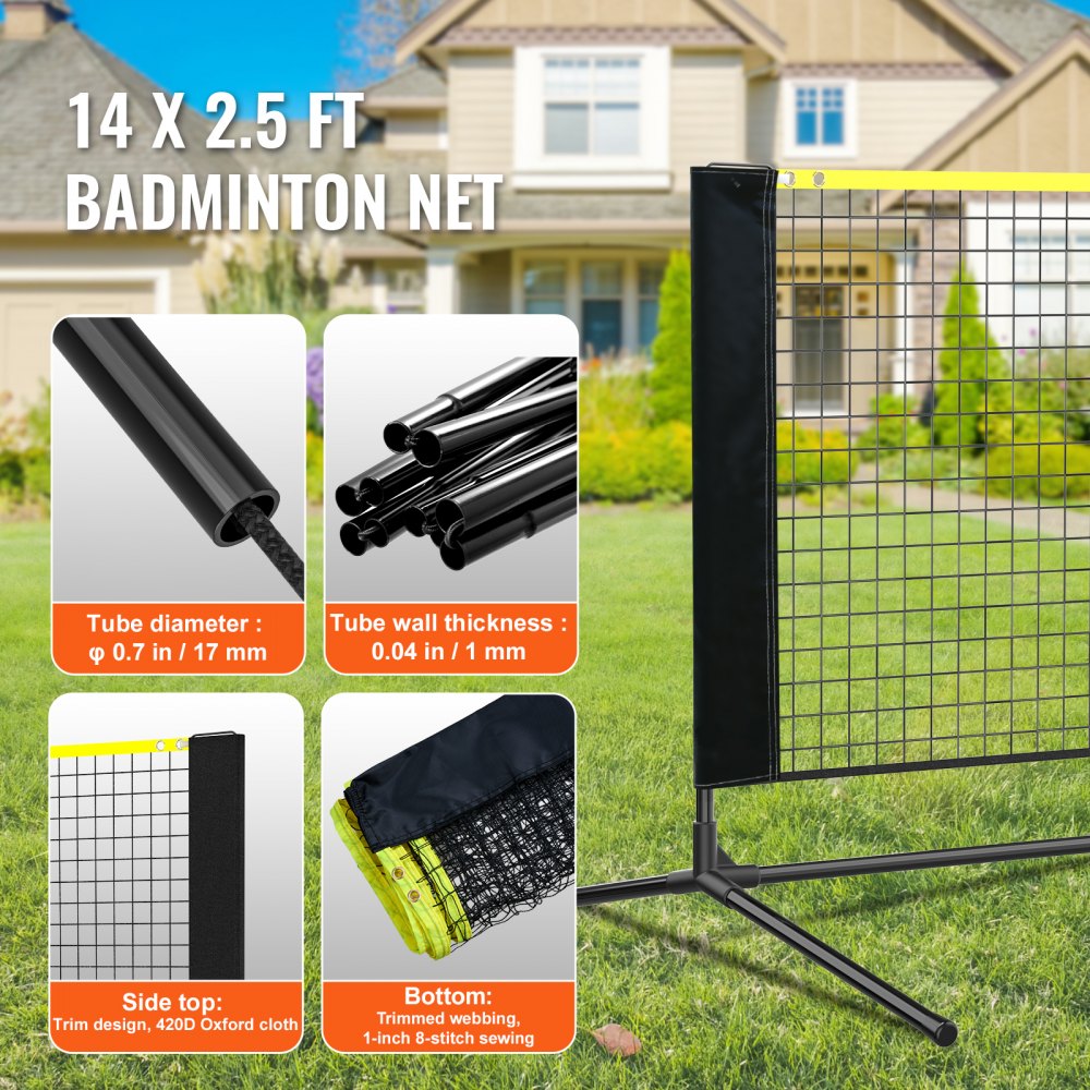 14ft adjustable height multi-sport net with black frame, yellow mesh, and carry bag.