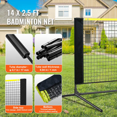 14ft adjustable height multi-sport net with black frame, yellow mesh, and carry bag.