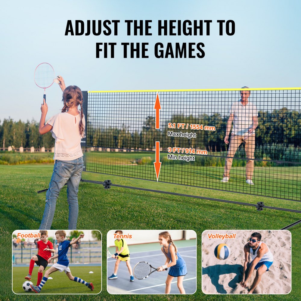 Adjustable 14ft multi-sport net with telescoping height for badminton, volleyball, and tennis.