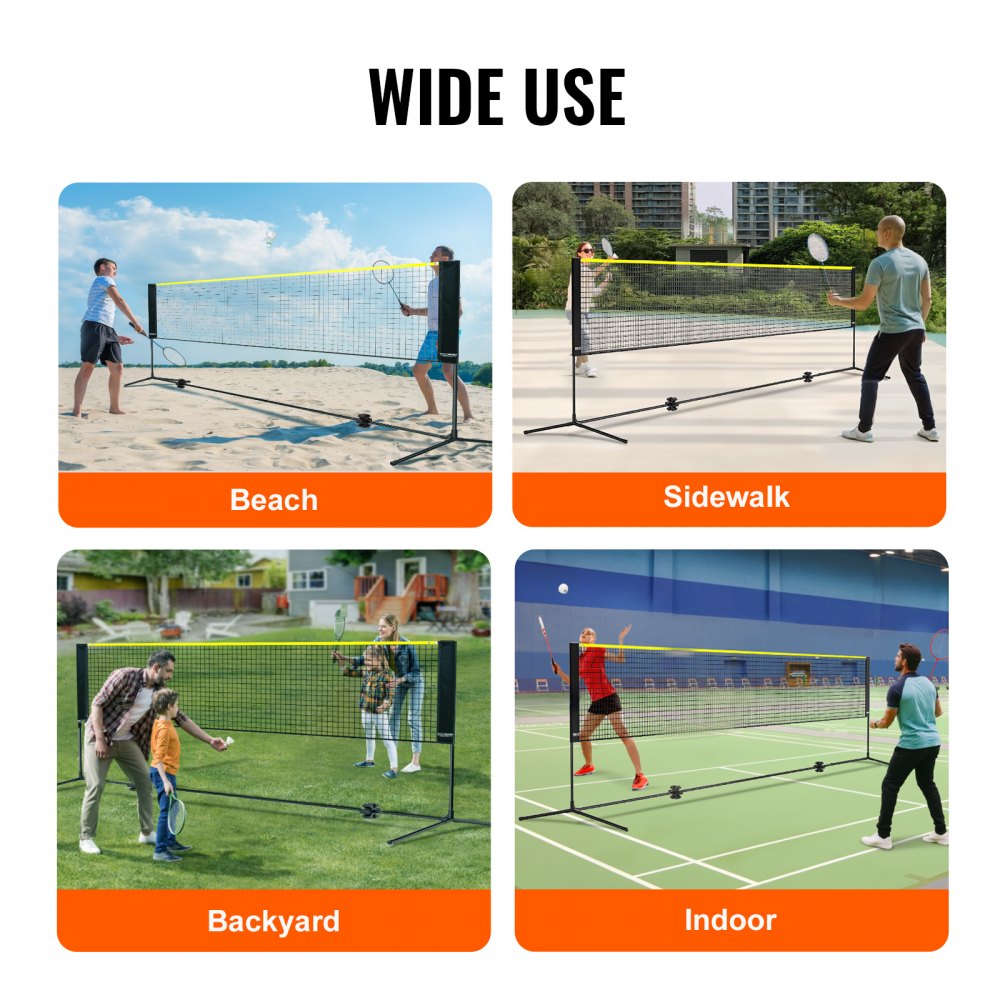 Collage of 14ft adjustable multi-sport net used for beach, sidewalk, backyard, and indoor play.