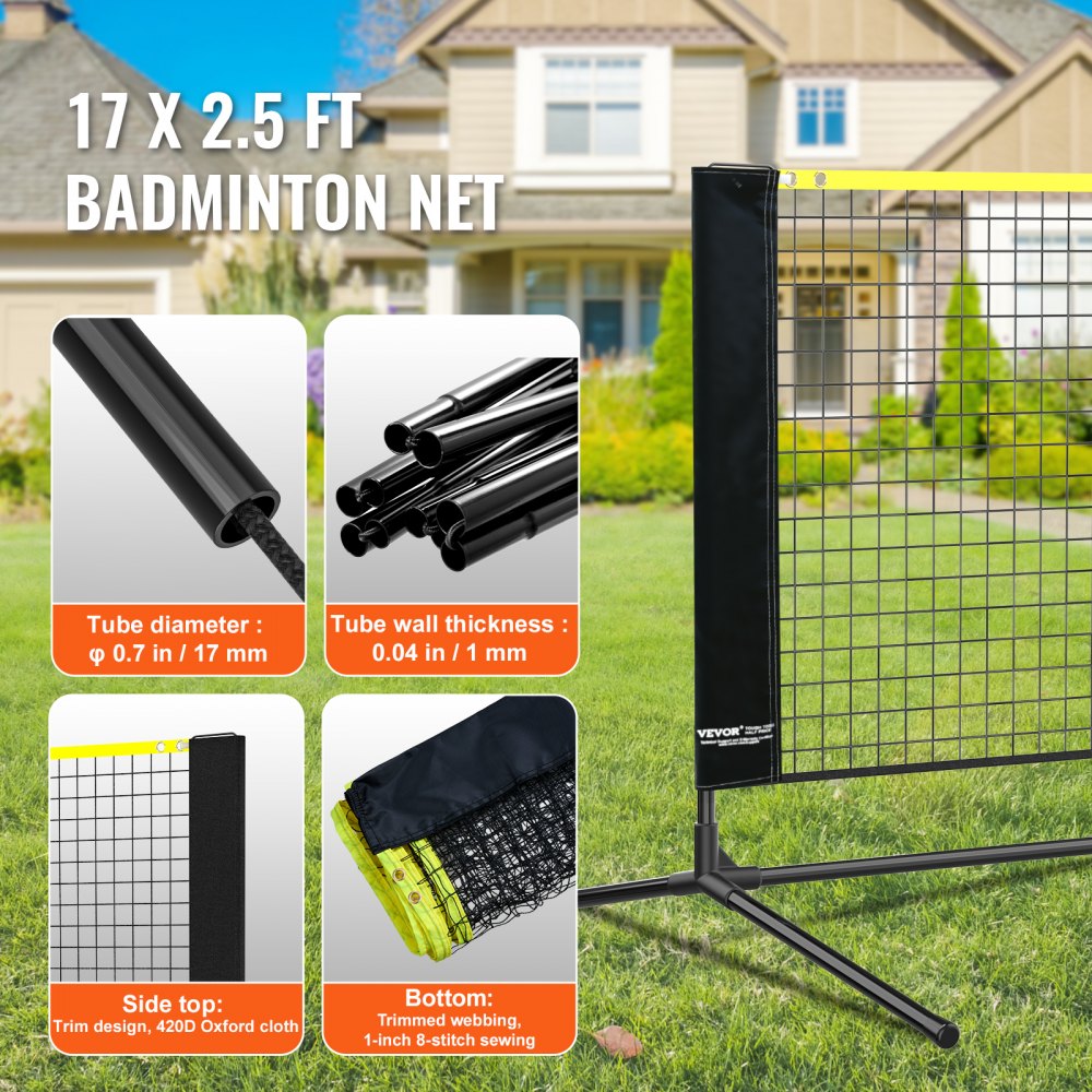 Badminton Net, Height Adjustable Volleyball Net, 17ft Wide Foldable Pickleball Net, Portable Easy Setup Tennis Net Set with Poles, Stand and Carry Bag, for Kids Backyard Game Indoor Outdoor Use